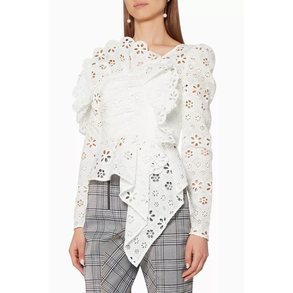 SELF-PORTRAIT White Asymmetric Floral Embroidered Eyelet Broderie Top Sz 0 - Picture 16 of 16